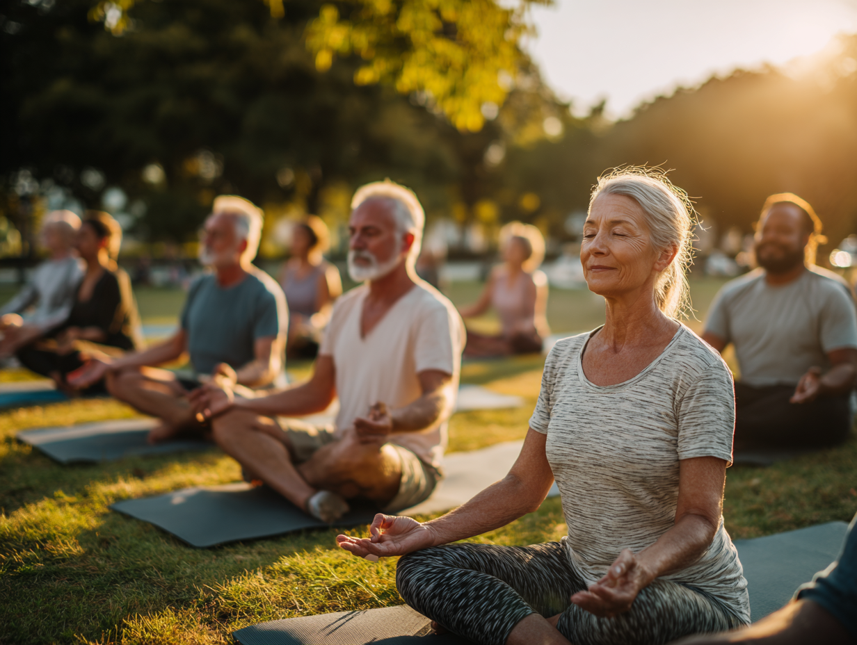 Люди різного віку займаються йогою на природі